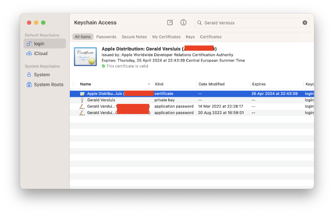 A screenshot of the macOS Keychain app showing my Apple Developer Distribution certificate showing a green text indicating that it's now valid.