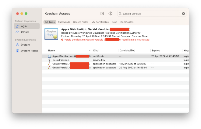 A screenshot of the macOS Keychain app showing my Apple Developer Distribution certificate showing an error that the certificate is not trusted.