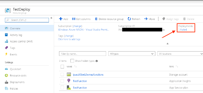 Inspect failed deployment or our ARM template in the Azure Portal