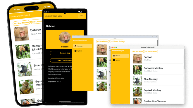 Monkey Finder app running on iOS, Android, Windows, and macOS