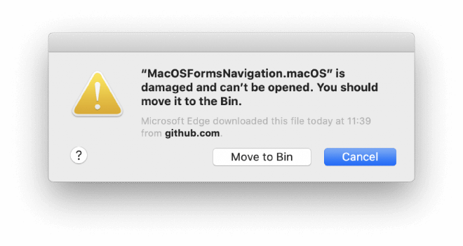 Catalina error dialog appname.app is damaged and can’t be opened. You should move it to the Bin