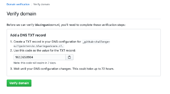 Screenshot of the instructions page on GitHub to verify your domain
