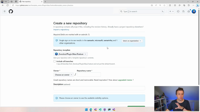 A screenshot of GitHub where you can see the screen to create a new repository generated of the template repository
