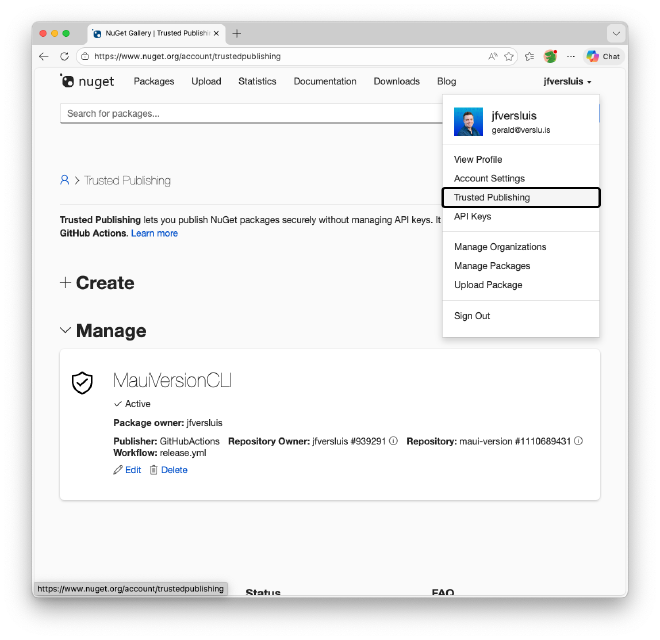 The NuGet.org account settings page showing the Trusted Publishing section