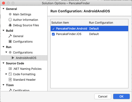 Screenshot of a run configuration in Visual Studio for Mac