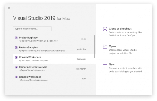 New Visual Studio for Mac Welcome Screen