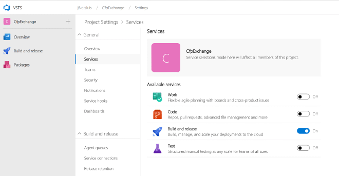 Enabling or disabling services in your VSTS project