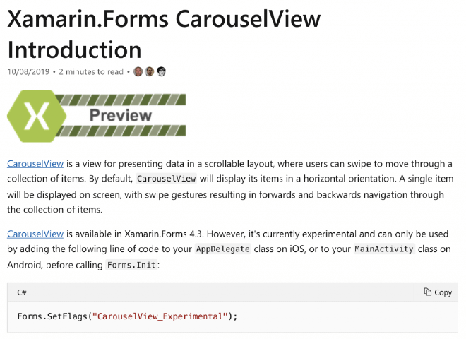 CarouselView Docs page showing the Preview badge and Experimental Flag description