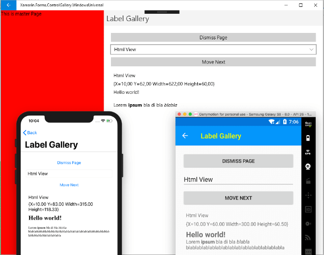 Demo of HTML in a Label running on UWP, Android and iOS