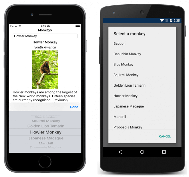 The Xamarin.Forms Picker control on iOS and Android