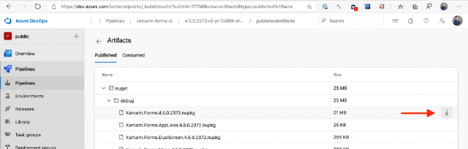 Screenshot of how to download a file from the artifacts in Azure DevOps