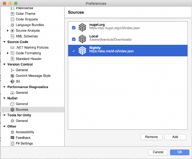 Adding NuGet Sources in Visual Studio for Mac screenshot